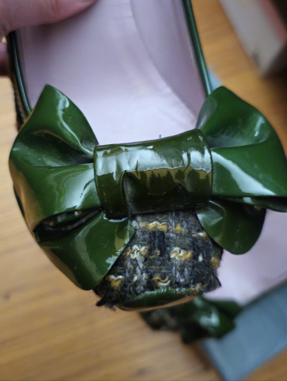 Red V Green Tweed Heels with Bow - Picture 4 of 10